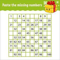 Paste the missing numbers. Handwriting practice. Learning numbers for kids. Education developing worksheet. Activity page. Game for children. Isolated vector illustration in cute cartoon style.