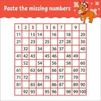 Paste the missing numbers. Handwriting practice. Learning numbers for kids. Education developing worksheet. Activity page. Game for children. Isolated vector illustration in cute cartoon style.