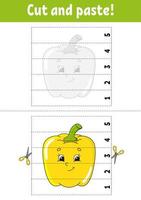 Learning numbers 1-5. Cut and glue. Pepper character. Education developing worksheet. Game for kids. Activity page. Color isolated vector illustration. Cartoon style.