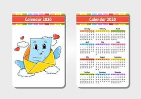 Calendar for 2020 with a cute character. Pocket size. Fun and bright design. Isolated vector illustration. Cartoon style.