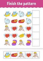 Finish the pattern. Cut and play. Education developing worksheet. Activity page. Valentine's Day. Cartoon character. vector