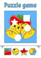 Find the missing piece. Education developing worksheet for kids. Puzzle game. Activity page. Christmas theme. Cartoon character. vector