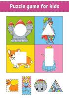 Puzzle game for kids. Cut and paste. Cutting practice. Learning shapes. Education worksheet. Circle, square, rectangle, triangle. Activity page.Cartoon character. vector