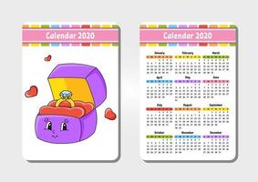 Calendar for 2020 with a cute character. Pocket size. Fun and bright design. Isolated vector illustration. Cartoon style.