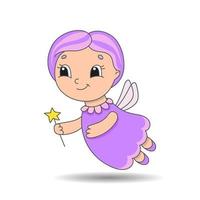 Fairy godmother flies and holds a magic wand. Cute character. Colorful vector illustration. Cartoon style. Isolated on white background. Design element.