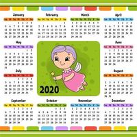 Fairy godmother flies and holds a magic wand. Calendar for 2020 with a cute character. Fun and bright design. Isolated color vector illustration. Cartoon style.