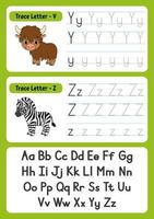 Writing letters. Tracing page. Practice sheet. Worksheet for kids. exercise for preschools. Learn alphabet. Cute characters. Vector illustration. Cartoon style.