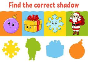 Find the correct shadow. Education worksheet. Matching game for kids. Color activity page. Puzzle for children. Cartoon character. Isolated vector illustration.
