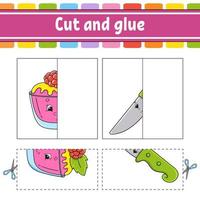 Cut and play. Paper game with glue. Flash cards. Education worksheet. Activity page. Funny character. Isolated vector illustration. Cartoon style.