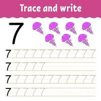 Trace and write. Handwriting practice. Learning numbers for kids. Education developing worksheet. Color activity page. Isolated vector illustration in cute cartoon style.