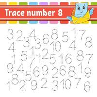 Trace number. Handwriting practice. Learning numbers for kids. Education developing worksheet. Activity page. Game for toddlers and preschoolers. Isolated vector illustration in cute cartoon style.