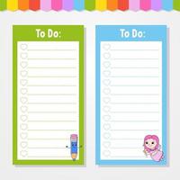 To do list for kids. Empty template. The rectangular shape. Isolated color vector illustration. Funny character. Cartoon style. For the diary, notebook, bookmark.