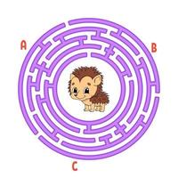 Circle maze. Game for kids. Puzzle for children. Round labyrinth conundrum. Hedgehog animal. Color vector illustration. Find the right path. Education worksheet.