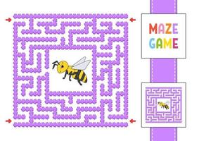 Funny square maze. Game for kids. Puzzle for children. Cartoon style. Labyrinth conundrum with character. Color vector illustration. Find the right path. With answer.