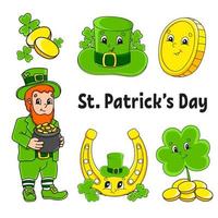 juego de pegatinas de colores para niños. S t. día de San Patricio. duende con una olla de oro, moneda de oro, trébol, sombrero, herradura de oro. Personajes de caricatura. trazo negro. ilustración vectorial aislada. vector