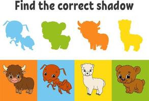 Find the correct shadow. Education worksheet. Matching game for kids. Yak, ant, alpaca, bear. Color activity page. Puzzle for children. Cartoon character. Isolated vector illustration.