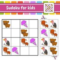 Sudoku for kids. Education developing worksheet. Activity page with pictures. Puzzle game for children. Set animals. Isolated vector illustration. Funny character. Cartoon style.