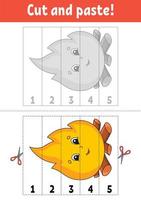 Learning numbers 1-5. Cut and glue. Cartoon character. Education developing worksheet. Game for kids. Activity page. Color isolated vector illustration.