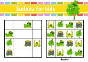 Sudoku for kids. Education developing worksheet. Cartoon character. Color activity page. Puzzle game for children. Logical thinking training. Isolated vector illustration. St. Patrick's day.