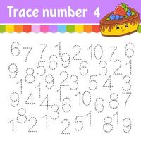 Trace number . Handwriting practice. Learning numbers for kids. Education developing worksheet. Activity page. Game for toddlers and preschoolers. Isolated vector illustration in cute cartoon style.