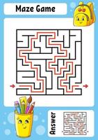 Square maze. Game for kids. Funny labyrinth. Education developing worksheet. Activity page. Puzzle for children. Cartoon style. Back to school. Logical conundrum. Color vector illustration.