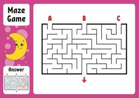 Rectangle maze. Game for kids. Three entrances, one exit. Puzzle for children. Labyrinth conundrum. Color vector illustration. Find the right path. With answer. Cartoon character. Education worksheet.