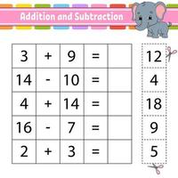 Addition and subtraction. Task for kids. Education developing worksheet. Activity page. Game for children. Funny character. Isolated vector illustration. Cartoon style.