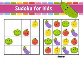 Sudoku for kids. Education developing worksheet. Vegetable, fruit. Cartoon character. Color activity page. Puzzle game for children. Logical thinking training. Isolated vector illustration.