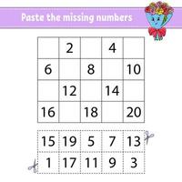 Paste the missing numbers 1-20. Game for children. Handwriting practice. Learning numbers for kids. Education developing worksheet. Activity page. Isolated vector illustration in cute cartoon style.