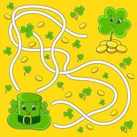 Funny maze for kids. Hat, clover. St. Patrick's day. Puzzle for children. Cartoon character. Labyrinth conundrum. Color vector illustration. Find the right path.