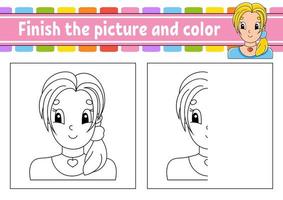 Finish the picture and color. Beautiful cute fashionable girl with jewelry. Cartoon character isolated on white background. For kids education. Activity worksheet. vector