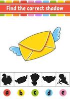 Find the correct shadow. Education developing worksheet. Activity page. Valentine's Day. Color game for children. Isolated vector illustration. Cartoon character.