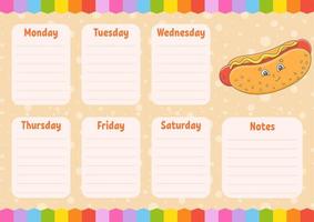 School schedule. Timetable for schoolboys. Empty template. Weekly planer with notes. Isolated color vector illustration. Cartoon character.