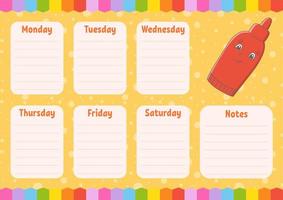 School schedule. Timetable for schoolboys. Empty template. Weekly planer with notes. Isolated color vector illustration. Cartoon character.