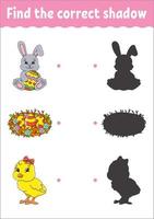 Find the correct shadow. Education developing worksheet. Matching game for kids. Color activity page. Puzzle for children. Cute character. Vector illustration. Cartoon style.