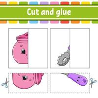 Cut and play. Paper game with glue. Flash cards. Education worksheet. Activity page. Funny character. Isolated vector illustration. Cartoon style.