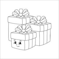 libro para colorear para niños. cajas navideñas con regalos decorados con cintas con moños. personaje animado. ilustración vectorial. silueta de contorno negro. aislado sobre fondo blanco.