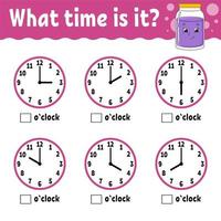 Learning time on the clock. Educational activity worksheet for kids and toddlers. Game for children. Simple flat isolated color vector illustration in cute cartoon style.