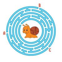 Circle maze. Game for kids. Puzzle for children. Round labyrinth conundrum. Snail mollusk. Color vector illustration. Find the right path. Education worksheet.