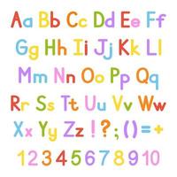 English alphabet. Vector set. Bright color style. Cartoon ABC. Funny hand drawn font. Numbers, lowercase and uppercase letters.