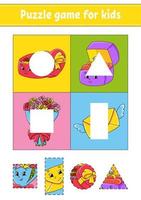 Puzzle game for kids. Cut and paste. Cutting practice. Learning shapes. Education worksheet. Valentine's Day. Circle, square, rectangle, triangle. Activity page.Cartoon character. vector
