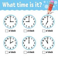 aprender el tiempo en el reloj. hoja de trabajo de actividades educativas para niños y niños pequeños. juego para niños. Ilustración de vector de color aislado plano simple en estilo de dibujos animados lindo.