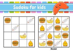 Sudoku for kids. Education developing worksheet. Cartoon character. Color activity page. Puzzle game for children. Logical thinking training. Isolated vector illustration.