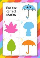 Find the correct shadow. Education developing worksheet for kids. Puzzle game. Activity page. Cartoon character. Autumn theme. vector