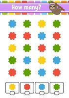 Counting game for children. Happy characters. Learning mathematics. How many object in the picture. Education worksheet. With space for answers. Isolated vector illustration in cute cartoon style.