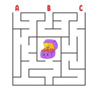 Square maze. Game for kids. Puzzle for children. Cartoon character ring box. Labyrinth conundrum. Color vector illustration. Find the right path. The development of logical and spatial thinking.