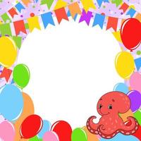 Happy birthday greeting card with a cute cartoon character. With copy space for your text. Picture on the background of bright balloons, confetti and garlands. Color vector isolated illustration.