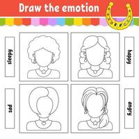 Draw the emotion. Worksheet complete the face. Coloring book for kids. Cheerful character. Vector illustration. Black contour silhouette. Isolated on white background.