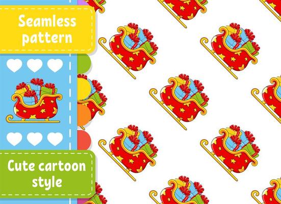 Colored seamless pattern. Christmas sleigh santa claus with gifts. Cartoon style. New Year theme. Vector illustration isolated on white background.