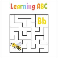 Square maze. Game for kids. Quadrate labyrinth. Education worksheet. Activity page. Learning English alphabet. Cartoon style. Find the right way. Color vector illustration.